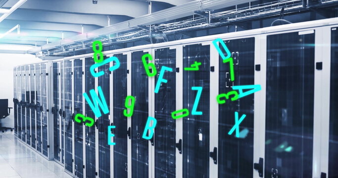 Displaying glass server cabinets in data center with cables, office chair at left and neon overlay