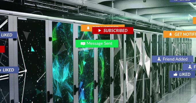Showing server cabinets blinking LED lights in data center, with overlaid notification icons