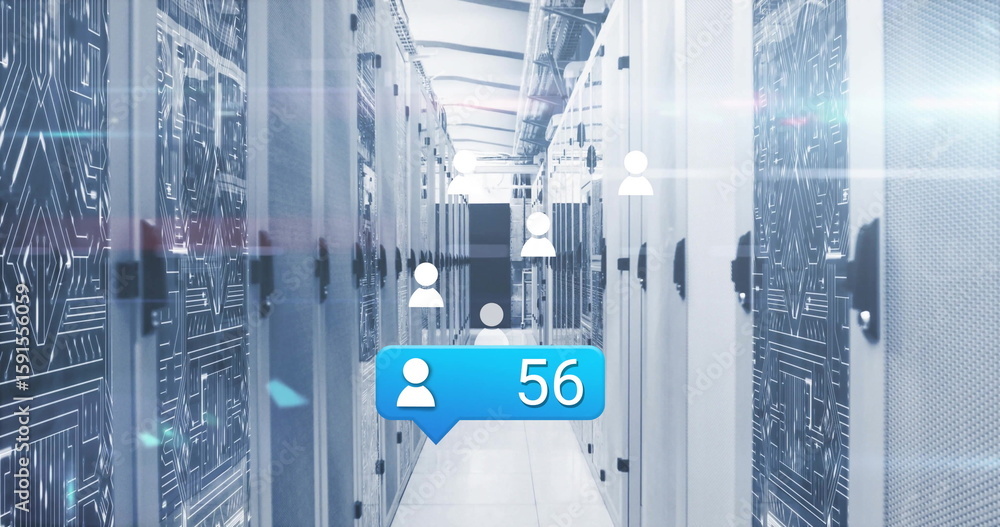 Poster highlighting patterned racks on tiled floor in server room hallway showing floating blue user badge