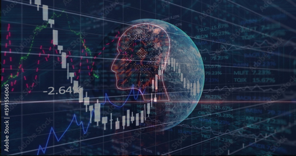 Aufkleber rotating globe with neural circuit head over trading interface, with candlesticks and trend lines