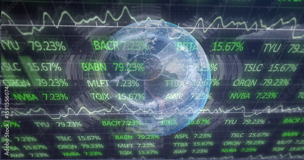 Poster hovering semi-transparent earth globe on grid interface, with scrolling stock tickers, line graphs