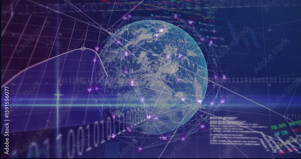 Poster displaying globe in digital space with network lines, nodes, financial charts and binary code