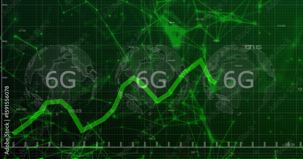 Poster displaying central green jagged line chart and globe wireframes labeled 6g in abstract grid network