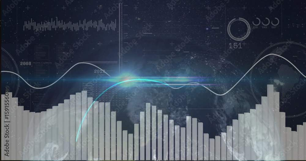 Poster futuristic data interface displaying metrics over earth in space, with bar charts and line graphs