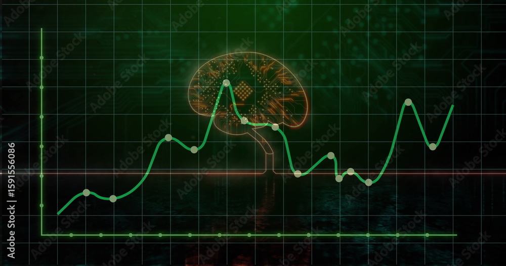 Poster floating glowing brain circuit above neon graph with data nodes, on digital grid