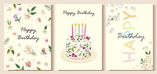 Happy Birthday. A set of cute flower cards in soft colors. Vector illustration.