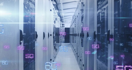Displaying central corridor aisle glowing in data center, with server racks, cabling, 5G 6G labels