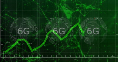 Obraz premium Displaying central green jagged line chart and globe wireframes labeled 6G in abstract grid network