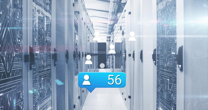 Highlighting patterned racks on tiled floor in server room hallway showing floating blue user badge