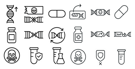 Fototapeta premium Set of medical symbols and icons, including DNA, pills, and a skull. Concept of science and medicine, with the various symbols representing different aspects of the field