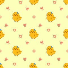 Hand drawn seamless background with chicks and pink bows