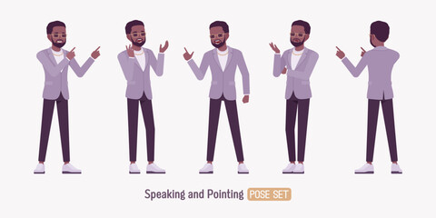 Stylish dark skin man wearing blazer presentation speaker pose set. Elegant chic pants, sneakers, beard, glasses and gold chain, fashionable modern urban look. Vector flat style cartoon illustration