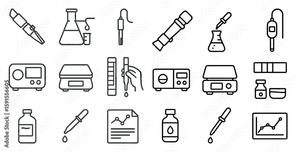 Poster set of scientific instruments and tools are shown in a line drawing. the instruments include a beake