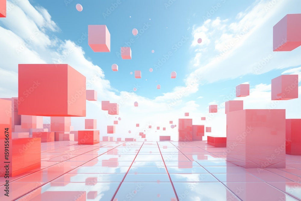 Poster abstract 3d rendering of pink cubes floating above a reflective tiled floor with a cloudy sky backgr