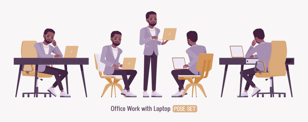 Stylish dark skin man wearing blazer office work pose set. Elegant chic pants, sneakers, beard, glasses and gold chain, fashionable modern urban business look. Vector flat style cartoon illustration