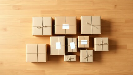 Obraz premium Minimalist arrangement of package boxes on wood, showcasing a clean e-commerce concept.