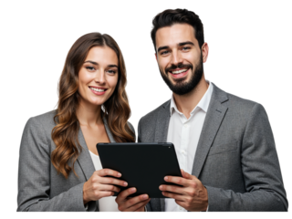 Smiling business professionals a man and a woman looking at a tablet computer together isolated on transparent background