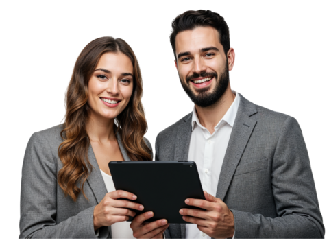 Smiling business professionals a man and a woman looking at a tablet computer together isolated on transparent background - Powered by Adobe