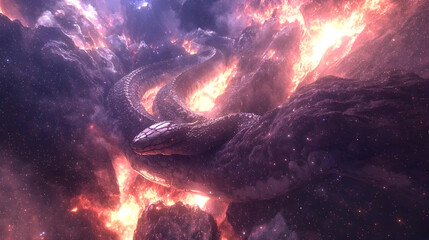 Cosmic serpent coiled amidst fiery nebulae, traversing a galaxy of cosmic dust.  Vast, glowing rocks and swirling nebulae surround the massive reptile