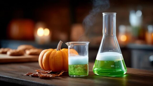 Halloween pumpkin and laboratory glassware with steaming green liquid. Spooky potion experiment for holiday decoration. All Hallows Eve, Samhain