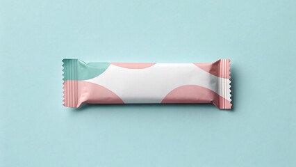 A candy bar wrapper with a pastel pink and teal abstract design, lying on a light blue background.