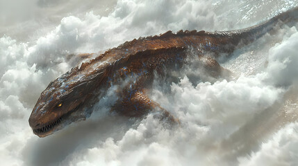 Ancient, reptilian creature, amidst a flurry of fluffy white clouds.  Its scales are a rich brown, accented by vibrant blue markings. 