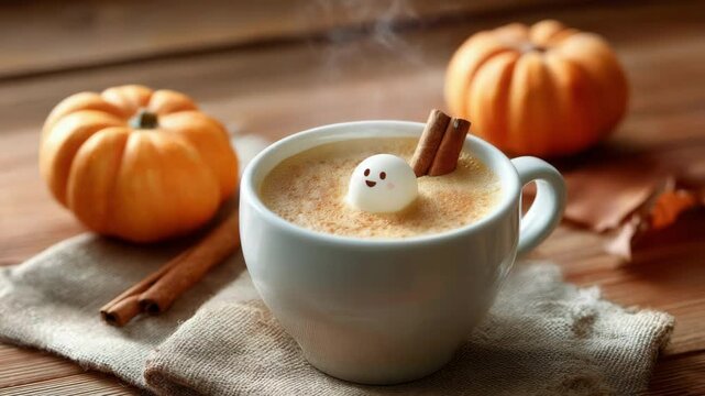 Hot steaming coffee cup with a ghost marshmallow and cinnamon sticks. Halloween pumpkin spice latte, festive autumn drink. All Hallows Eve, Samhain