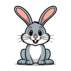 Cute cartoon grey bunny rabbit sitting and smiling with big ears