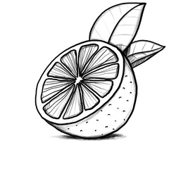Citrus fruit, with shadow and leafs, Hand-drawn pencil drawing, illustration, transparent background, PNG, no ai