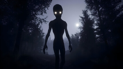 Silhouetted alien figure in misty forest at night. Glowing eyes, mysterious atmosphere
