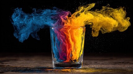 Colorful ink swirling in water glass dark background