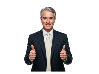 Smiling senior businessman in a dark suit and light tie giving two thumbs up gesture isolated on transparent background