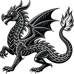 Intricate Black and White Line Art of Mythical Dragon in Dynamic Curled Pose with Flames