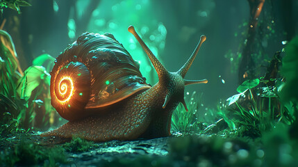 Enchanting snail in a mystical forest scene.  A large snail with a golden shell, glowing with inner light, moves through a lush, vibrant forest at night.  Mystical,