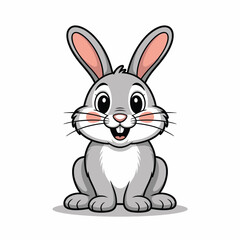 Cute cartoon gray rabbit with pink ears and cheeks smiling happily