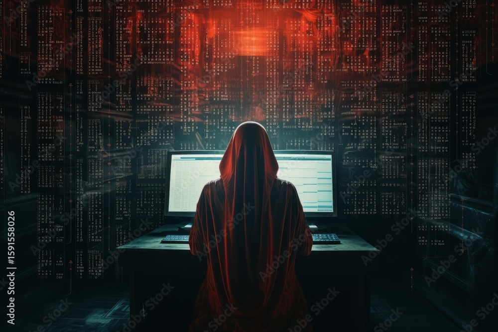 Poster hacker wearing a red hood is breaking code on a computer in a dark room