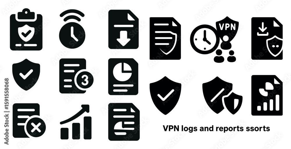 Poster collection of icons for vpn logs and reports. the icons include a clock, a check mark, a down arrow,