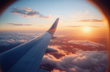 Obraz premium Airplane Wing at Sunset Above the Clouds with Vibrant Colors in the Sky and a Serene Atmosphere for Travel Enthusiasts and Adventure Seekers