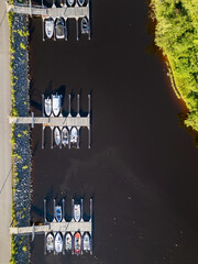 Aerial view of boats docked along the harbor, Oulu Finland