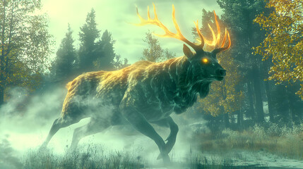 Mythical deer runs through a misty forest.  Golden antlers and glowing eyes