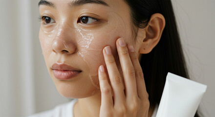 A young Asian woman with dewy skin applies a clear hydrating gel to her cheek from a white tube.