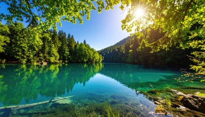 Serene mountain lake with lush forest