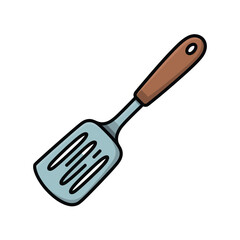 Simple cartoon illustration of a slotted metal spatula with a brown handle