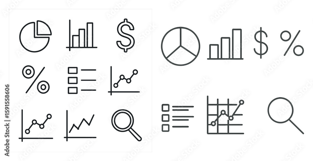 Poster set of graphs and charts with dollar signs and percentages. the graphs and charts are all in black a