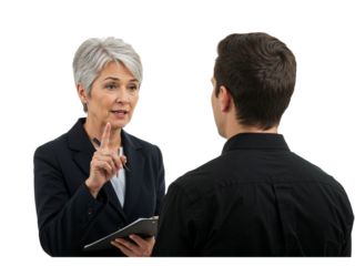Experienced businesswoman in a suit holding a clipboard and pointing her finger while talking to a man isolated on transparent background