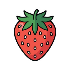 A simple stylized cartoon illustration of a ripe red strawberry with green leaves