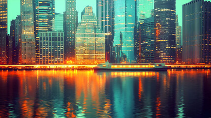 City skyline at twilight, reflecting in the water. Skyscrapers, lights, and a calm river