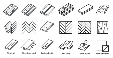 Set of images of different types of wood flooring. The images are all in black and white and are arranged in a grid. The images include clicky, glue down, peel and stick, and click vinyl