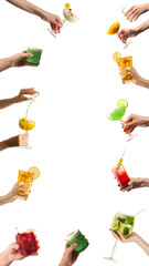 Collage of vibrant cocktails and pouring motion with clean white background. Concept of drink recipe design, modern bar ads, creative beverage content, food and drink UX, UI.