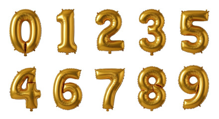Gold balloon numbers set 0-9 on transparent background